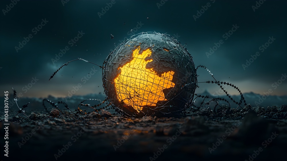 Aufkleber a glowing mesh globe entangled in a web of barbed wire symbolizing the ongoing struggles and challen