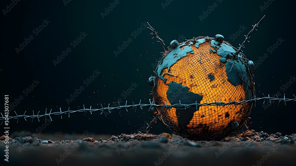 Poster a glowing mesh globe entangled in barbed wire symbolizing the struggles and challenges faced in upho