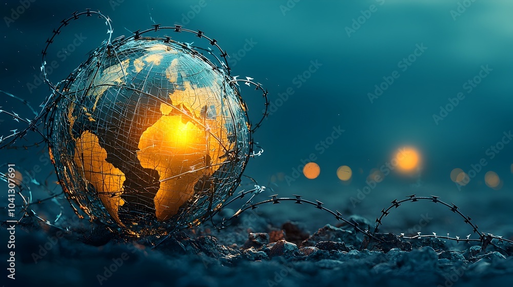 Aufkleber a glowing mesh globe entangled in barbed wire symbolizing the struggle for human rights and the tech