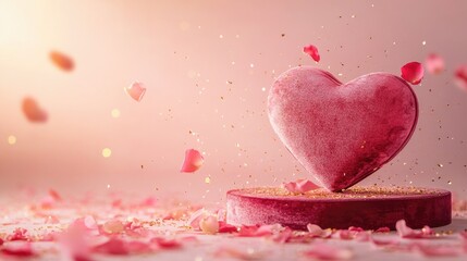 Fototapeta premium A romantic display of a heart-shaped velvet podium, surrounded by gently falling rose petals, gold dust sparkling in the air, soft pink background