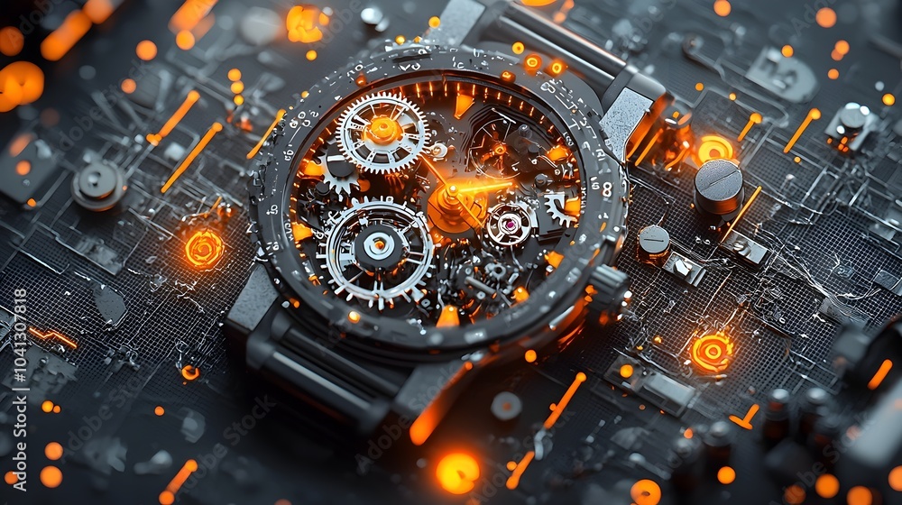 Poster A glowing translucent mesh clockwork showcasing the intricate inner mechanics and workings of a precise time measurement device  The futuristic