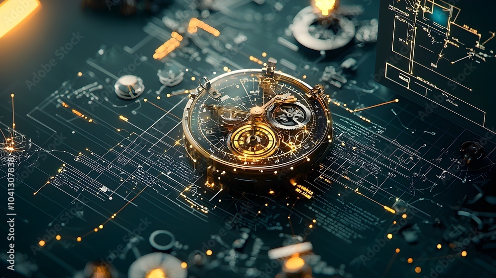 Aufkleber A glowing transparent mesh clockwork design revealing the inner mechanics and workings that power the measurement of time  This futuristic industrial inspired image showcases the intricate