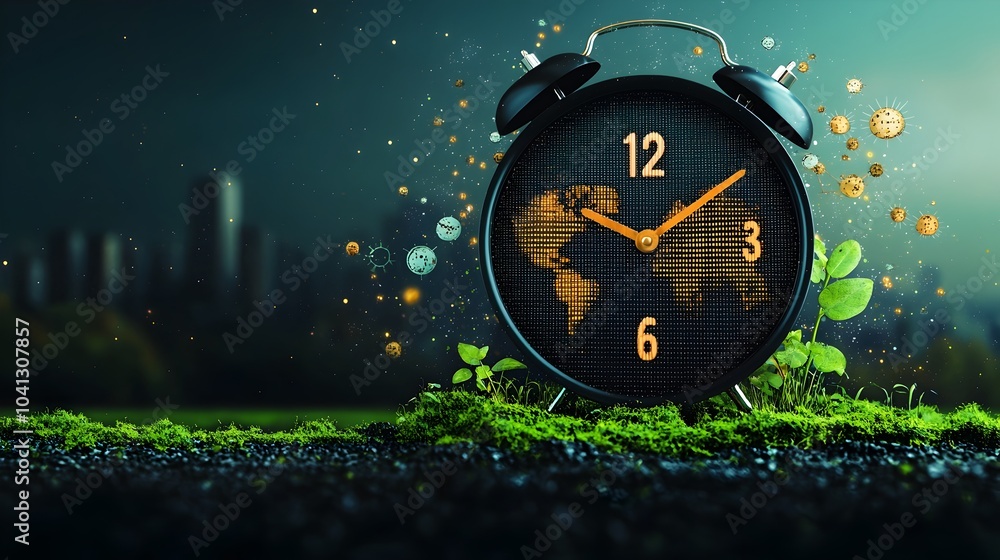 Aufkleber A mesh clock ticking down visualizing the pressing urgency in combating the global warming crisis and the need for immediate action and solutions to address climate change