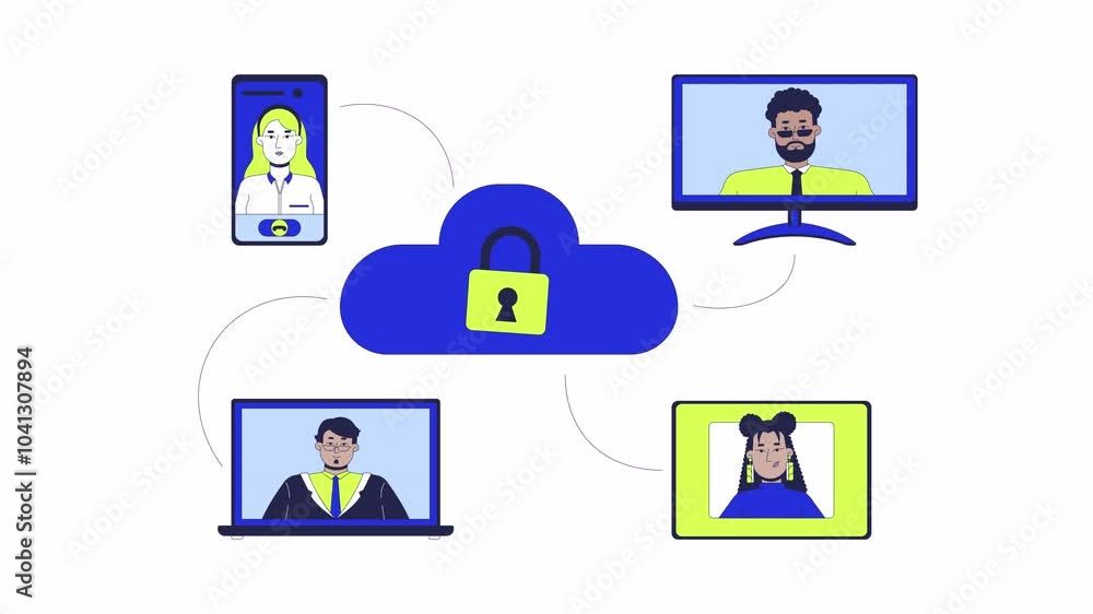 Poster secure cloud storage 2d animation. online workplace platform security 4k video motion graphic. remot