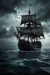 Obraz premium A dramatic image of a tall ship sailing through stormy seas