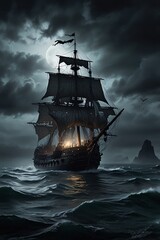 Fototapeta premium A mysterious sailing ship sails under a full moon in a dark sea
