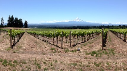 Fototapeta premium Lush verdant vineyard with rows of grapevines stretching across a gentle rolling hillside bathed in warm golden sunlight creating a serene picturesque countryside landscape