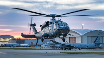 Helicopter Taking Off at Dawn from Military Base