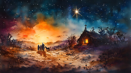 Fototapeta premium A watercolor rendering of the Nativity with a focus on the Star of Bethlehem, its light softly spreading across the night sky, illuminating the stable where the Holy Family resides