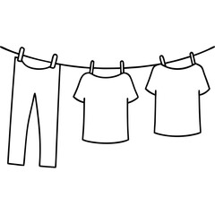 Hand-drawn clothes hanging on a line on white background with copy space
