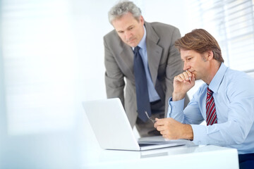 Laptop, meeting and business men in office for website, research and stock trading results. Corporate, teamwork and workers on computer for financial review for finance, collaboration and help