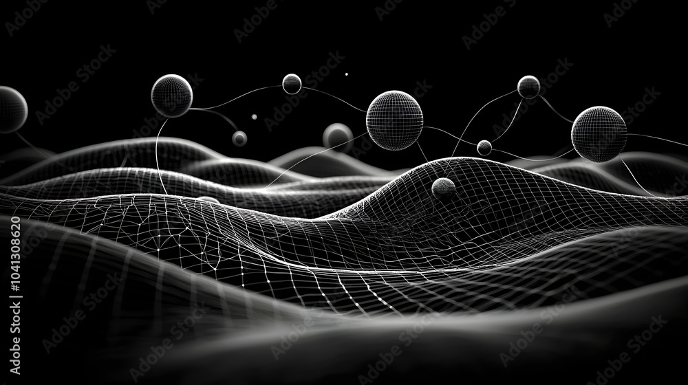 Aufkleber Abstract digital depicting a mesh of dynamic lines tracing the flow of gravitational waves across a vast futuristic cosmic expanse  The flowing
