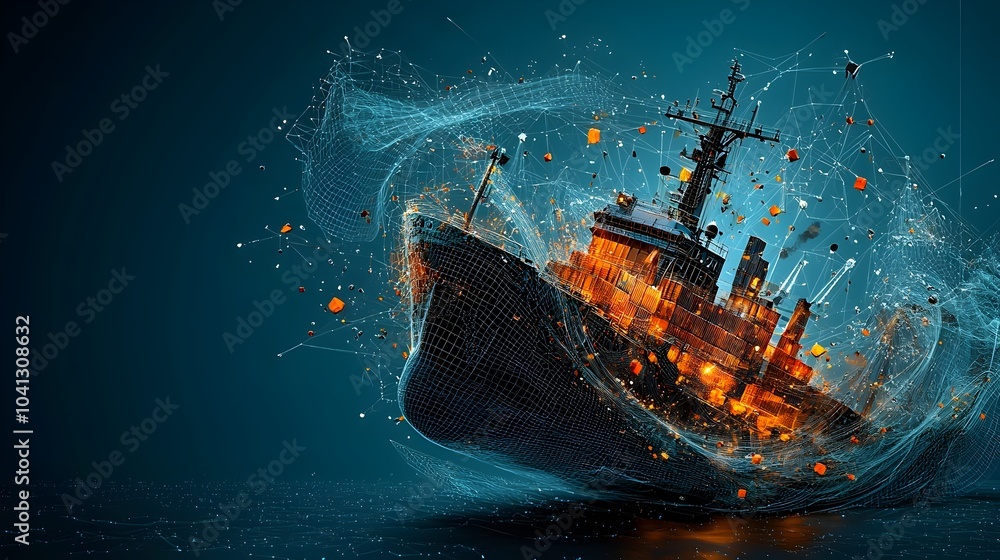 Poster a striking digital depicting a mesh outline of a cargo ship with glowing luminous containers floatin