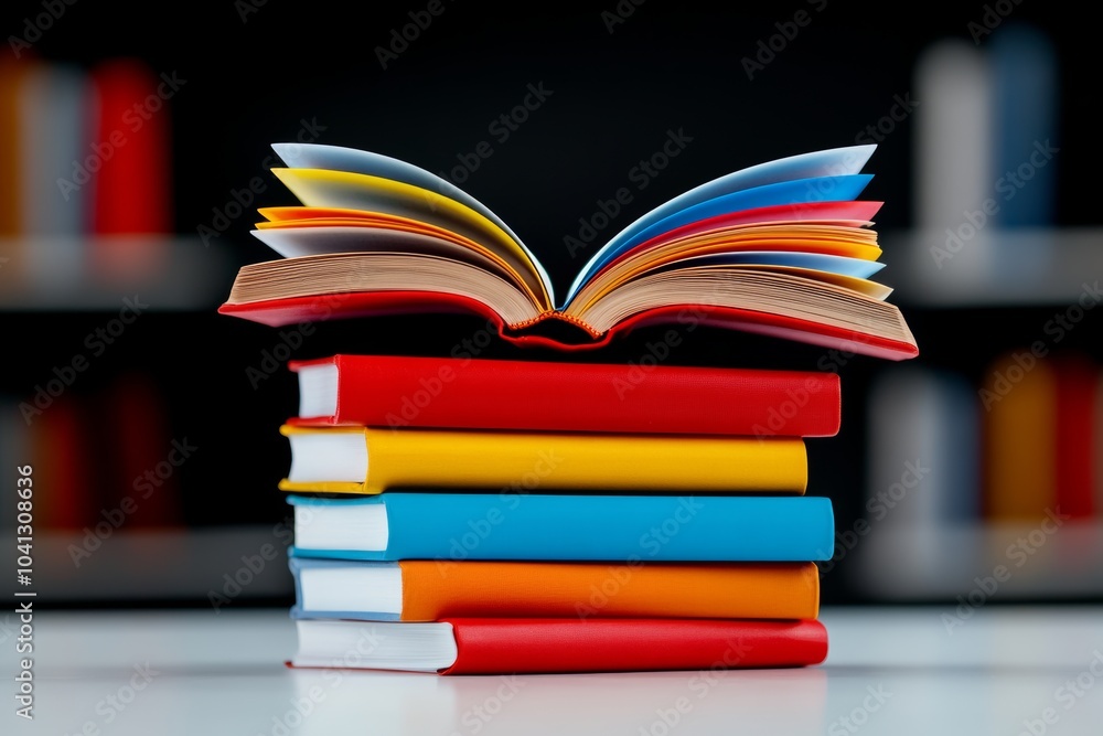Poster stack of books with a red book on top and a blue book on the bottom. the books are open to the middl
