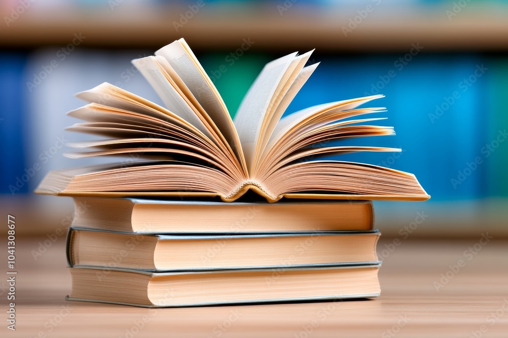 Poster stack of books with one open to a page with a picture of a book. the books are arranged in a pyramid