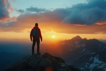 Fototapeta premium Man standing on top of a mountain watching the sunset.