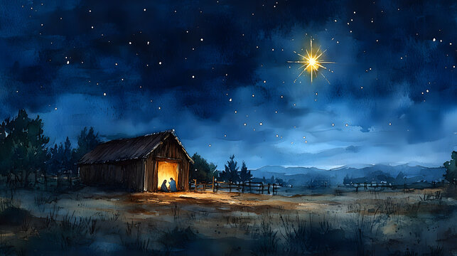A watercolor rendering of the Nativity with a focus on the Star of Bethlehem, its light softly spreading across the night sky, illuminating the stable where the Holy Family resides