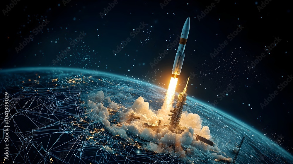 Fototapete breathtaking visualization of a rocket launch trajectory depicted through a captivating mesh of dyna