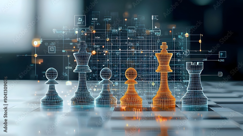 Aufkleber captivating 3d render of glowing mesh chess pieces engaged in dynamic strategic gameplay representin