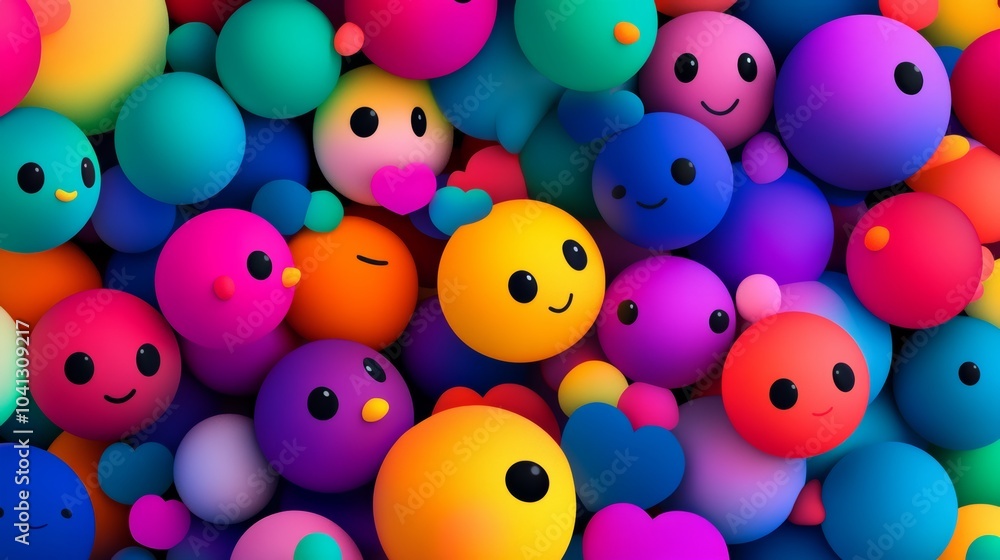 Poster colorful image of many faces with hearts in the middle. faces are all different colors and sizes, an