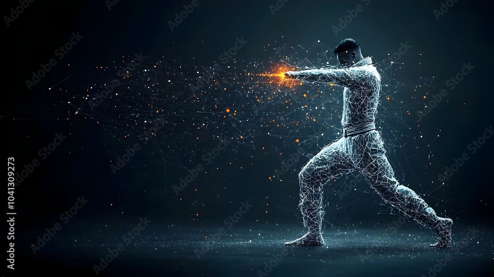 Poster captivating digital of a martial with a shimmering karate belt and dynamic energy lines conveying a 