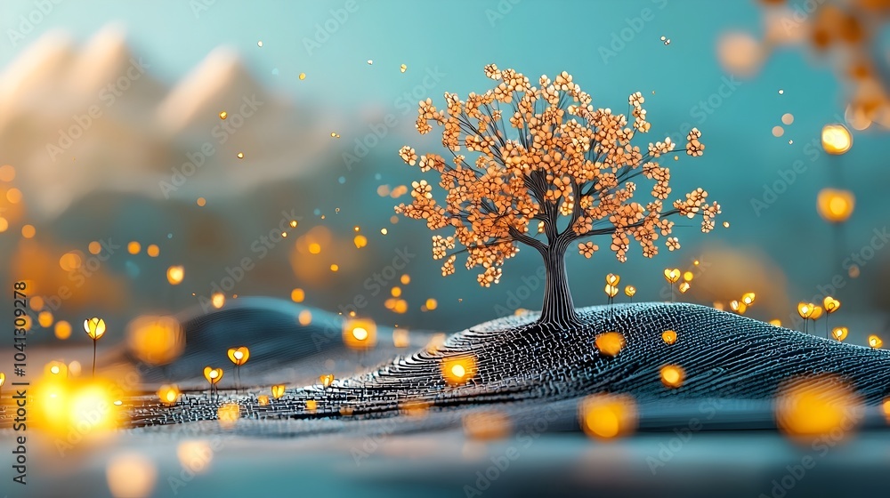 Aufkleber Captivating digital landscape featuring glowing mesh lines and ethereal cherry blossom trees creating a serene and mesmerizing atmosphere