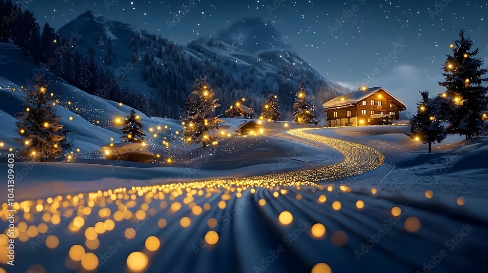 Aufkleber captivating image of glowing geometric mesh ski tracks winding their way through a bright snow cover