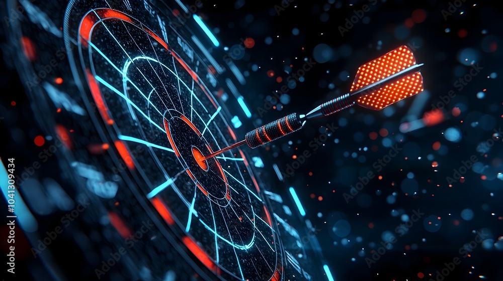 Aufkleber Captivating image showcasing glowing mesh darts mid flight darting towards a luminous geometric dartboard against a dynamic futuristic backdrop creating a mesmerizing