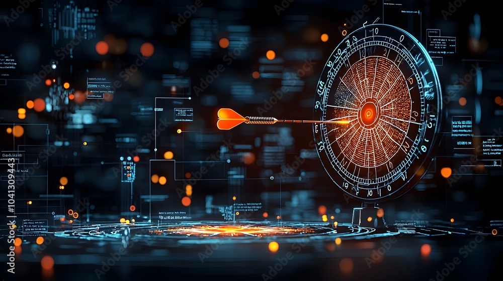Leinwandbilder captivating image of glowing mesh darts mid flight propelled towards a luminous geometric dartboard 