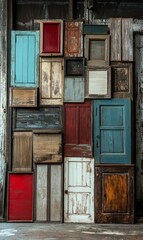 Naklejka premium Assortment of weathered wooden doors and frames.