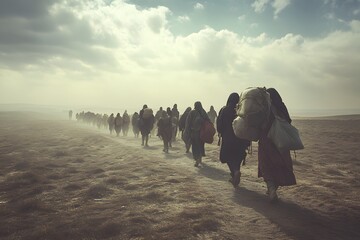 Refugees walking across a barren field