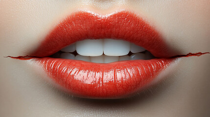 Obraz premium Dry lips A striking close-up showcases cracked lips adorned with glossy red lipstick