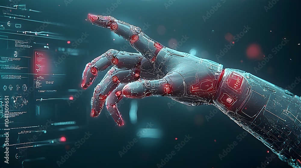 Poster Closeup of a glowing mesh robotic hand reaching towards a holographic interface in a sleek futuristic sci fi setting with a minimalist abstract background