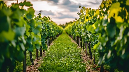 Breathtaking vineyard landscape at dusk with a soft warm glow of light falling over the rows of lush green grapevines  The tranquil serene scene offers a picturesque and calming atmosphere