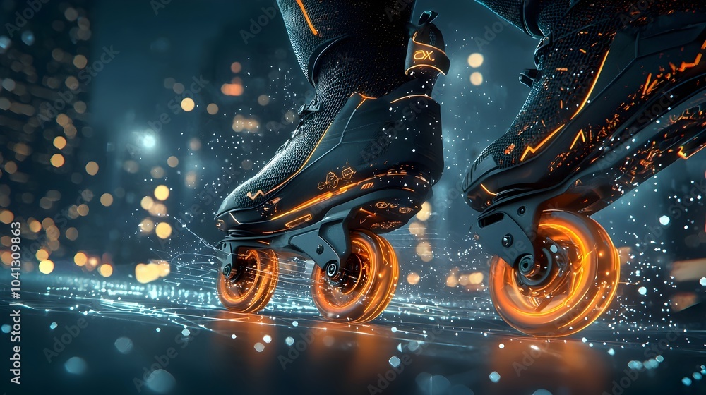Poster dazzling rollerblader gliding through the city nightscape leaving luminous trails in motion