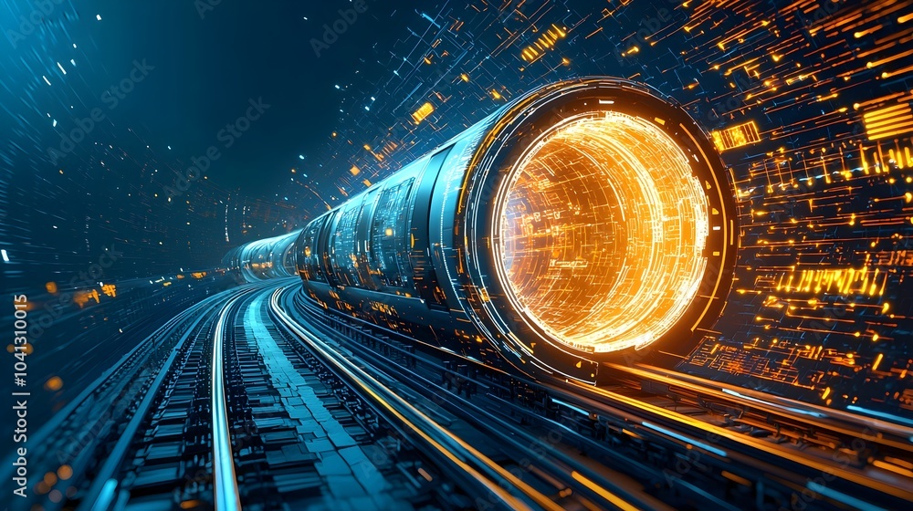 Poster Detailed mesh outline of a futuristic subway transportation system with glowing rails tracks and stations  This digital showcases a modern