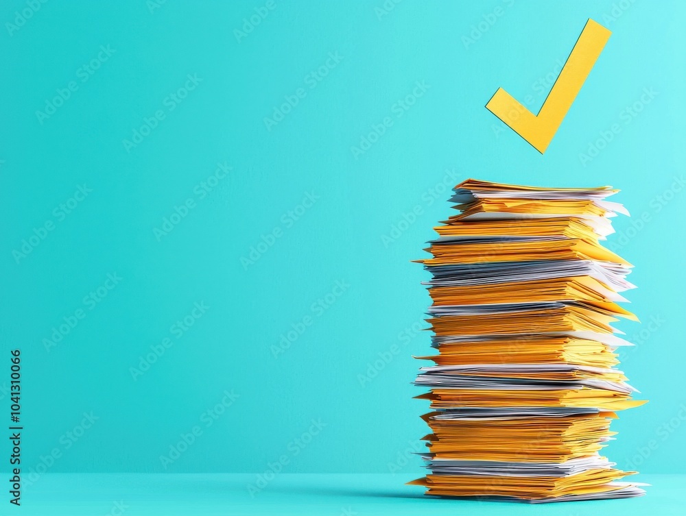 Aufkleber stack of organized paperwork with a check mark, representing efficiency and success.