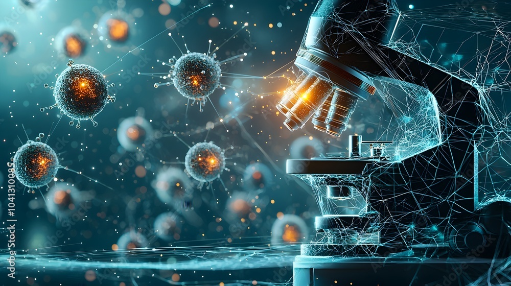 Aufkleber Closeup view of a glowing mesh microscope focused on a cell with its intricate organelles illuminated showcasing the intricate details and patterns of biological structures