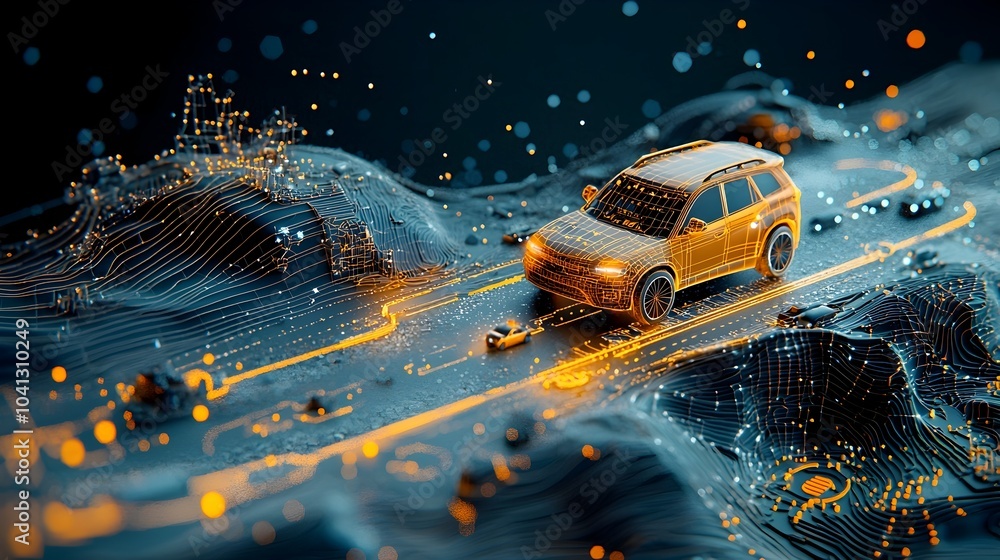 Aufkleber digitally rendered image of a coastal highway with glowing mesh lines shimmering waves and illuminat