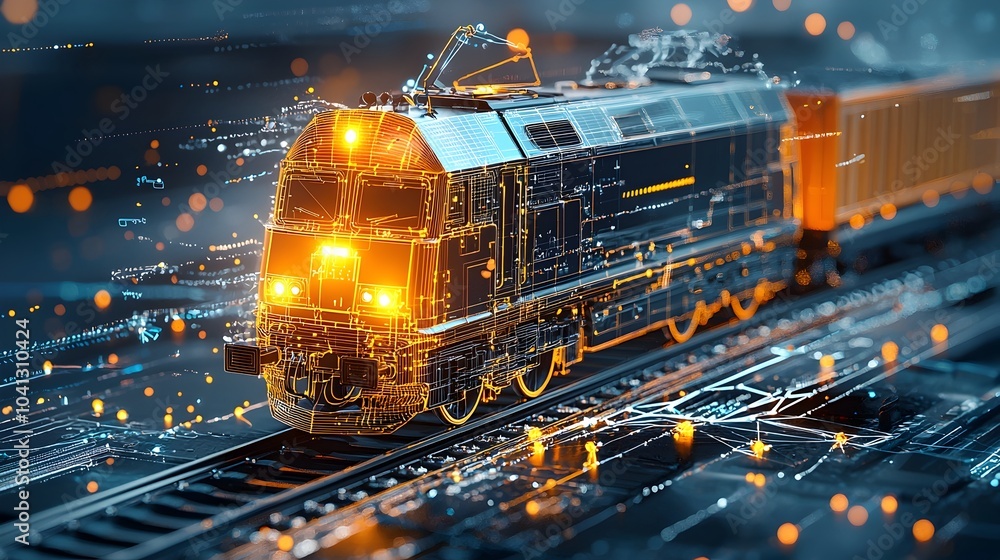 Aufkleber Digitally rendered image of a freight train with glowing mesh lines and illuminated cargo rails and futuristic transportation technology