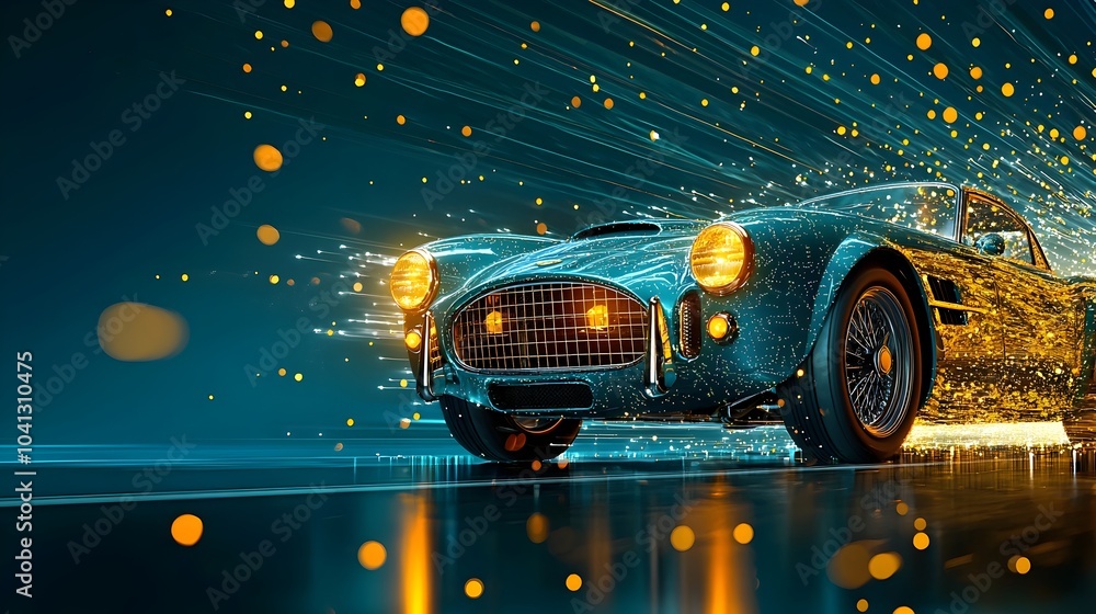 Poster digitally rendered image of a mesh patterned classic car with glowing headlights cruising along a fu
