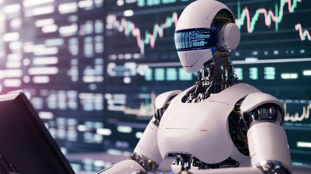 AI-powered robot terminals executing program trading commands, with copy space, covering all objects, deep depth of field.
