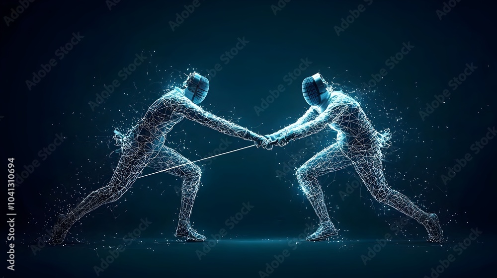 Aufkleber dynamic composition of glowing mesh fencing swords crossing with shimmering lines tracing their capt