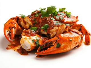 A delicious plate of crab, garnished with cilantro and coated in a rich, spicy sauce.