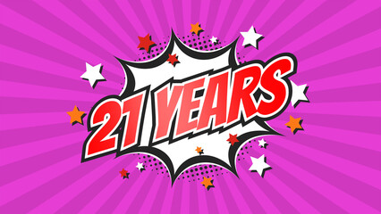 Celebratory animation for 21st twenty-first anniversary - 21 twenty-one years birthday. Flat text on pop colorful background with rays.