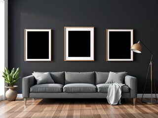 Modern Living Room Interior Design with Grey Sofa and Black Walls