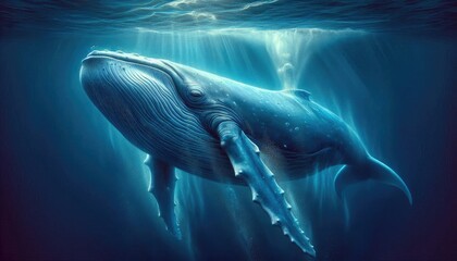 Fototapeta premium Realistic Digital Artwork of a Blue Whale Swimming Underwater, Showcasing Detailed Skin Texture, Natural Blue Tones, Ocean Depths, Water Particles, and Light Filtering Through the Water