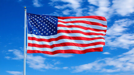 Fototapeta premium American flag waving proudly against a bright blue sky with white clouds. This patriotic image captures the spirit of national pride and freedom associated with the United States