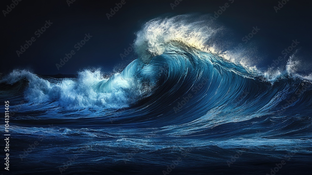 Poster perfectly swirling frothy waves in a deep blue ocean, creating a captivating and dynamic visual of n