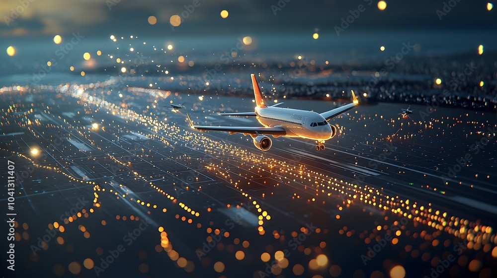 Poster futuristic airport runway with glowing mesh lines and illuminated airplanes taking off into the nigh